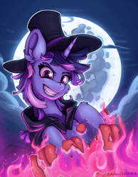 Size: 1108x1428 | Tagged: safe, artist:zeepheru, derpibooru import, oc, oc only, oc:flawless sparklemoon, pony, unicorn, cloak, clothes, female, fire, full moon, fusion, fusion:trixie, fusion:twilight sparkle, fusion:twixie, halloween, hat, holiday, horn, jack-o-lantern, looking at you, mare, mlp fim's fourteenth anniversary, moon, my little pony the movie: the death of twilight sparkle, night, pumpkin, smiling, smiling at you, solo, starry eyes, top hat, wingding eyes