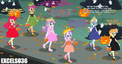 Size: 1568x827 | Tagged: safe, artist:excelso36, apple bloom, diamond tiara, megan williams, scootaloo, sweetie belle, human, halloween, halloween costume