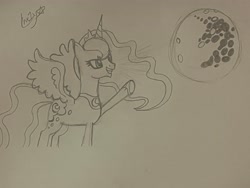 Size: 4032x3024 | Tagged: safe, artist:lnx1ynight16, derpibooru import, princess luna, alicorn, horn, mare in the moon, mlp fim's fourteenth anniversary, moon, nightmare night, signature, smiling, solo, spread wings, traditional art, unicorn horn, wings