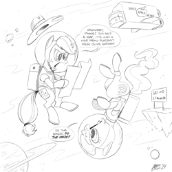 Size: 1800x1800 | Tagged: safe, artist:mellodillo, derpibooru import, applejack, pinkie pie, earth pony, pony, g4, commission, dialogue, duo, duo female, female, floating, grayscale, mare, menu, monochrome, space, spaceship, spacesuit, speech bubble, upside down