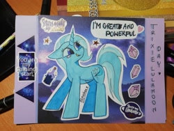 Size: 4160x3120 | Tagged: safe, artist:mashee, derpibooru import, trixie, unicorn, g4, adorable face, blushing, crystal, cute, great and powerful, happy, horn, looking up, night, photo, standing, stars, sticker, traditional art, trixie day