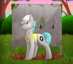 Size: 4000x3500 | Tagged: safe, artist:decemberbreeze, derpibooru import, oc, oc only, oc:lunar signal, bat pony, hybrid, unicorn, bat pony oc, bat pony unicorn, clothes, fangs, golden eyes, gray coat, hard hat, hat, horn, railroad, railroad relay case, relay case, safety vest, standing, unicorn oc