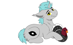 Size: 4000x2500 | Tagged: safe, artist:decemberbreeze, derpibooru import, oc, oc:lunar signal, bat pony, bird, hybrid, unicorn, bat pony oc, bat pony unicorn, commission, cute, ears, fangs, floppy ears, golden eyes, gray coat, horn, looking at you, lying down, plushie, prone, simple background, smiling, transparent background, turkey, turkey plush, unicorn oc, ych result