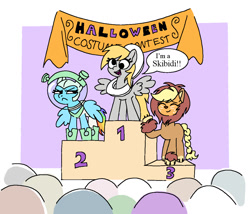 Size: 1130x968 | Tagged: safe, artist:notfocks, derpibooru import, applejack, derpy hooves, rainbow dash, earth pony, pegasus, pony, g4, animal costume, applelion, astrodash, astronaut, clothes, costume, cowardly lion, female, gen alpha, halloween, halloween 2024, halloween costume, holiday, mare, meme, nightmare night costume, passepartout, podium, skibidi toilet, slang, spacesuit, speech bubble, spread wings, the wizard of oz, toilet, unamused, we are going to hell, why, wings