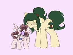 Size: 1200x900 | Tagged: safe, artist:php193, derpibooru import, oc, oc only, oc:myrtle remedy, oc:raevyn, earth pony, pegasus, boop, bow, cute, duo, duo female, excited, female, hair bow, happy, mare, noseboop, pink background, simple background, size difference, wholesome