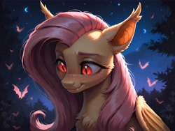 Size: 8192x6144 | Tagged: safe, ai content, derpibooru import, machine learning generated, fluttershy, bat pony, pegasus, pony, g4, absurd resolution, bat ears, bat wings, blushing, chest fluff, cute, eyelashes, fangs, female, fluffy, flutterbat, glowing, glowing eyes, looking down, mare, moon, night, prompter:molagbal, race swap, red eyes, shyabates, shyabetes, smiling, starry night, wallpaper, wings