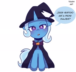 Size: 2048x1950 | Tagged: safe, artist:eltrash_art6, derpibooru import, trixie, pony, unicorn, g4, blushing, cape, clothes, female, halloween, hat, holiday, horn, mare, nightmare night, open mouth, question, simple background, sitting, solo, spanish, white background, witch, witch hat