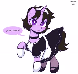 Size: 2048x1950 | Tagged: safe, artist:eltrash_art6, derpibooru import, oc, oc only, pony, unicorn, apron, blushing, choker, clothes, dress, female, gloves, halloween, holiday, hoof shoes, horn, maid, maid headdress, mare, nightmare night, question, simple background, solo, spanish, stockings, thigh highs, white background