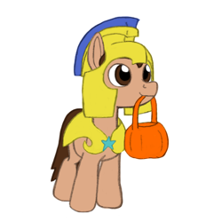 Size: 450x450 | Tagged: safe, artist:coffeehorse, derpibooru import, oc, oc only, oc:night cap, pony, armor, clothes, costume, foal, halloween, halloween costume, holiday, mlp fim's fourteenth anniversary, nightmare night, pumpkin bucket, royal guard armor, simple background, solo, white background, younger