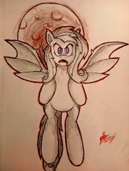 Size: 1536x2048 | Tagged: safe, artist:panoramhusky, derpibooru import, fluttershy, bat pony, g4, bat ponified, bat wings, female, flutterbat, moon, race swap, solo, traditional art, wings