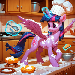 Size: 1536x1536 | Tagged: safe, ai content, derpibooru import, machine learning generated, twilight sparkle, twilight sparkle (alicorn), alicorn, pony, g4, chef's hat, cupboard, female, foam, full body, glowing, glowing horn, hat, horn, indoors, kitchen, levitation, looking sideways, magic, mare, prompter needed, smiling, solo, sponge, spread wings, telekinesis, tiles, wings, wood