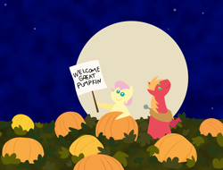 Size: 2848x2160 | Tagged: safe, anonymous artist, derpibooru import, big macintosh, fluttershy, earth pony, pegasus, pony, series:fm holidays, g4, alternate hairstyle, duo, female, fluttermac, full moon, halloween, high res, holiday, it's the great pumpkin charlie brown!, looking up, male, mare, moon, peanuts (comic), pointy ponies, pumpkin, shipping, short mane, sign, stallion, straight