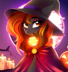 Size: 4087x4307 | Tagged: safe, artist:2pandita, derpibooru import, oc, oc only, oc:spirit harvest, hybrid, pegasus, pony, candle, cape, clothes, commission, ear fluff, ears, fangs, female, halloween, hat, holiday, jack-o-lantern, mare, moon, pumpkin, pumpkin bucket, smiling, witch hat, ych result