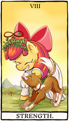 Size: 1700x3000 | Tagged: safe, artist:candy meow, derpibooru import, apple bloom, winona, dog, earth pony, pony, g4, apple, apple bloom's bow, apple tree, bow, clothes, collar, dress, duo, hair bow, happy, infinity symbol, mountain, petting, smiling, strength, tarot card, tree