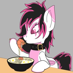 Size: 1500x1500 | Tagged: safe, artist:ruchiyoto, derpibooru import, oc, oc only, oc:lunylin, pegasus, pony, collar, colored belly, colored eartips, female, food, mare, noodles, ramen, solo