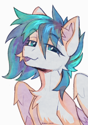 Size: 2480x3508 | Tagged: safe, artist:cherry_kotya, derpibooru import, oc, oc only, oc:vinyl dask, pegasus, pony, bust, chest fluff, ear fluff, ears, looking at you, portrait, solo, tongue, tongue out