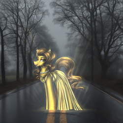 Size: 1024x1024 | Tagged: safe, artist:darklight1315, derpibooru import, oc, oc only, oc:q-be, earth pony, pony, fallout equestria, ai assisted background, clothes, dress, ear piercing, earring, fallout equestria: mayday, female, greek clothes, greek dress, grey sky, hologram, jewelry, makeup, mare, necklace, pearl earrings, pearl necklace, piercing, road, sky, solo, tree