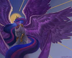 Size: 5000x4000 | Tagged: safe, artist:anastas, derpibooru import, twilight sparkle, twilight sparkle (alicorn), alicorn, anthro, seraph, seraphicorn, clothes, colored wings, crown, crying, dress, eight wings, eyes closed, feathered wings, flowing mane, flowing tail, gloves, gradient background, gradient wings, halo, horn, jewelry, large wings, multiple wings, necklace, older, older twilight, older twilight sparkle (alicorn), peytral, regalia, shoulder guard, solo, spread wings, tail, tears of sadness, tiara, ultimate twilight, wings