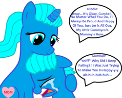 Size: 668x540 | Tagged: safe, artist:memeartboi, derpibooru import, pony, unicorn, g4, affection, bonding, colt, comfort, comforting, crying, duo, duo male and female, female, foal, gumball watterson, heart, heartwarming, horn, hug, hugging a pony, little boy, male, mare, mother, mother and child, mother and son, motherly, motherly love, nicole watterson, parent and child, ponified, sad, simple background, sitting, smiling, sobbing, species swap, speech bubble, teeth, text, the amazing world of gumball, unicorn horn, white background