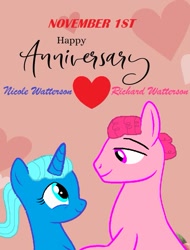 Size: 721x951 | Tagged: safe, artist:memeartboi, derpibooru import, earth pony, pony, unicorn, g4, anniversary, beautiful, buff, card, couple, duo, duo male and female, falling in love, female, happy anniversary, heart, holding hooves, horn, husband, husband and wife, love, male, mare, married couple, muscles, nicole watterson, ponified, postcard, richard watterson, romance, romantic, shipping, species swap, stallion, the amazing world of gumball, unicorn horn, wedding anniversary, wife