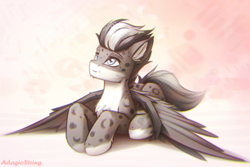 Size: 1920x1280 | Tagged: safe, artist:adagiostring, derpibooru import, oc, oc only, big cat, leopard, pegasus, pony, snow leopard, abstract background, commission, cute, looking up, male, pegasus oc, ponified, sitting, solo, species swap