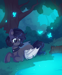 Size: 2029x2444 | Tagged: safe, artist:skysorbett, derpibooru import, oc, oc only, oc:lilac moonbranch, bat pony, butterfly, bat pony oc, bat wings, choker, collar, detailed background, forest, forest background, gray coat, lying down, nature, outdoors, solo, tree, water, white wings, wings