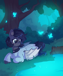 Size: 2029x2444 | Tagged: safe, artist:skysorbett, derpibooru import, oc, oc only, oc:lilac moonbranch, bat pony, butterfly, bat pony oc, bat wings, clothes, detailed background, female, forest background, lying down, mare, purple mane, purple tail, solo, tail, white wings, wings