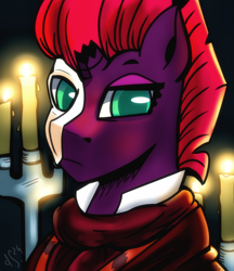 Size: 3319x3838 | Tagged: safe, artist:dsana, derpibooru import, fizzlepop berrytwist, tempest shadow, pony, unicorn, g4, broken horn, bust, candle, clothes, costume, female, halloween, halloween costume, horn, looking at you, mare, mask, nightmare night, phantom of the opera, solo