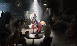 Size: 8000x4732 | Tagged: safe, artist:flvski, derpibooru import, oc, oc:calamity, oc:littlepip, oc:velvet remedy, earth pony, pegasus, pony, unicorn, fallout equestria, bipedal, bow (instrument), cap, cello, cello bow, clothes, dress, female, gloves, guitar, hat, horn, jumpsuit, male, mare, microphone, mug, musical instrument, performance, piano, playing instrument, singing, sitting, stallion, vault suit