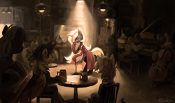 Size: 8000x4732 | Tagged: safe, alternate version, artist:flvski, derpibooru import, oc, oc:calamity, oc:littlepip, oc:velvet remedy, earth pony, pegasus, pony, unicorn, fallout equestria, bipedal, bow (instrument), cap, cello, cello bow, clothes, dress, female, gloves, guitar, hat, horn, jumpsuit, male, mare, microphone, mug, musical instrument, performance, piano, playing instrument, singing, sitting, stallion, vault suit