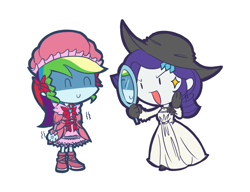 Size: 1300x1000 | Tagged: safe, artist:rvceric, derpibooru import, rainbow dash, rarity, human, equestria girls, g4, beady eyes, chibi, clenched fist, cross-popping veins, emanata, eyes closed, halloween, holiday, mirror, open mouth, open smile, simple background, smiling, white background