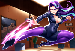 Size: 1216x832 | Tagged: safe, ai content, derpibooru import, generator:novelai, generator:stable diffusion, machine learning generated, starlight glimmer, human, equestria girls, g4, absolute cleavage, boots, breasts, catsuit, cleavage, clothes, cute, female, feminism, flying kick, glimmerbetes, high heel boots, high heels, kicking, martial arts, shoes, solo, solo female