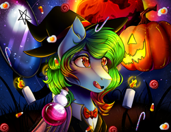 Size: 1300x1000 | Tagged: safe, artist:artquake1511, derpibooru import, oc, oc:precised note, pony, undead, vampire, vampony, bowtie, bust, candle, candy, candy cane, candy corn, clothes, egg (food), eyelashes, fangs, food, halloween, happy, hat, holiday, lightly watermarked, lollipop, night, nightmare night, open mouth, potion, pumpkin, species swap, stars, tuxedo, two toned mane, watermark, wings, witch hat