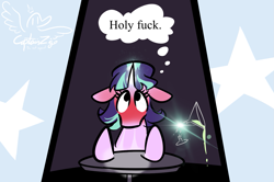 Size: 1563x1035 | Tagged: safe, artist:captainzigo, derpibooru import, starlight glimmer, trixie, pony, unicorn, g4, alcohol, blushing, blushing profusely, drag show, drink, ears, female, floppy ears, flustered, framed by legs, glowing, glowing horn, horn, in love, lesbian, levitation, looking up, magic, mare, martini, martini glass, s5 starlight, shipping, spilled drink, startrix, telekinesis, thought bubble, vulgar