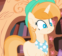 Size: 1034x939 | Tagged: safe, artist:fuckomcfuck, derpibooru import, edit, edited screencap, screencap, oc, oc only, oc:apple jewel, pony, unicorn, bandana, character swap, golden oaks library, hat, horn, indoors, offspring, parent:applejack, parent:prince blueblood, parents:bluejack, solo