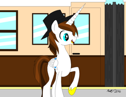 Size: 3308x2552 | Tagged: safe, artist:fangrosethehedgehog, derpibooru import, oc, oc only, oc:perseus, alicorn, pony, alicorn oc, colored, concave belly, flat colors, hat, hoof shoes, horn, long horn, male, male oc, open mouth, open smile, outdoors, pony oc, railway platform, raised hoof, raised leg, smiling, solo, stallion oc, thin, train, wings