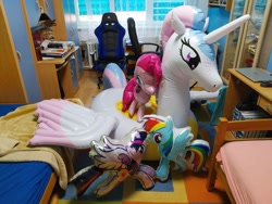 Size: 1080x810 | Tagged: safe, artist:lorax xyz, artist:loraxxyz, derpibooru import, pinkie pie, princess celestia, rainbow dash, twilight sparkle, twilight sparkle (alicorn), alicorn, earth pony, inflatable pony, pegasus, pony, g4, carpet, chair, computer desk, desk, female, floaty, horseplaytoys, indoors, inflatable, inflatable alicorn, inflatable float, irl, mare, mylar balloon, office chair, photo, pool toy, window