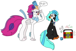 Size: 3057x2041 | Tagged: safe, artist:supahdonarudo, derpibooru import, queen novo, oc, oc:icebeak, classical hippogriff, hippogriff, g4, boombox, christmas, christmas ornament, christmas tree, decoration, dialogue, headache, holiday, jewelry, looking at each other, looking at someone, music notes, necklace, relatable, simple background, sitting, snow, snowman, speech bubble, text, transparent background, tree