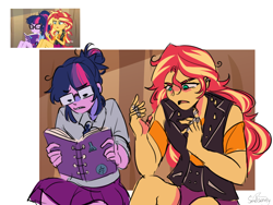 Size: 1200x900 | Tagged: safe, artist:sadscruffy, derpibooru import, sci-twi, sunset shimmer, twilight sparkle, human, equestria girls, g4, bandage, book, duo, duo female, female, messy hair, scene interpretation, screencap reference, signature