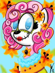 Size: 1620x2160 | Tagged: safe, artist:jesslmc16, derpibooru import, pinkie pie, earth pony, pony, g4, alternate hairstyle, bust, dia de los muertos, female, flower, flower in hair, gameloft, looking at you, mare, portrait, signature, smiling, smiling at you, solo