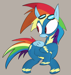 Size: 1167x1235 | Tagged: safe, artist:notsafeforsanity, derpibooru import, rainbow dash, pegasus, g4, beige background, butt, clothes, goggles, looking back, simple background, solo, tongue, tongue out, uniform, wonderbolts uniform