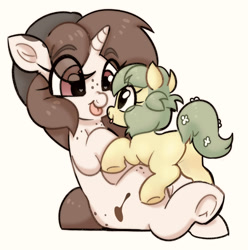 Size: 1709x1724 | Tagged: safe, artist:mushy, derpibooru import, oc, oc only, oc:mocha bean macchiato, oc:pea, earth pony, pony, baby, baby pony, duo, female, filly, foal, hooves, tongue, tongue out