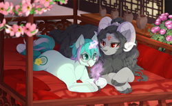 Size: 1250x775 | Tagged: safe, artist:mr-tiaa, derpibooru import, oc, oc only, pony, sheep, unicorn, :p, bed, braiding, duo, gay, glasses, glowing, glowing horn, horn, indoors, lying down, male, mouth hold, prone, ram, tongue, tongue out