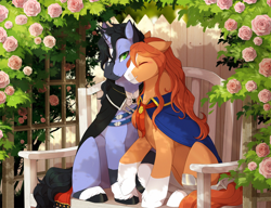 Size: 1250x958 | Tagged: safe, artist:mr-tiaa, derpibooru import, oc, oc only, earth pony, pony, unicorn, bench, cape, clothes, duo, ears, eyes closed, floppy ears, gay, grin, holding hooves, horn, male, outdoors, sitting, smiling, wedding arch