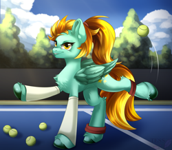 Size: 1634x1422 | Tagged: safe, artist:polinatess, derpibooru import, lightning dust, pegasus, pony, g4, ball, bipedal, clothes, female, leg warmers, mare, outdoors, smiling, smirk, solo, sports, tennis, tennis ball