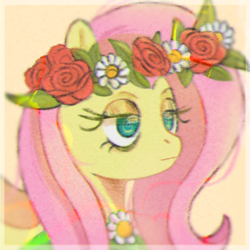 Size: 500x500 | Tagged: safe, artist:catptapathy, derpibooru import, fluttershy, pony, bored, bust, clothes, dress, female, floral head wreath, flower, icon, mare, portrait, solo