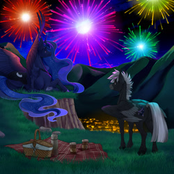 Size: 1920x1919 | Tagged: safe, artist:lp_sunduk, derpibooru import, princess luna, oc, oc:midnight serenity, alicorn, pegasus, pony, duo, female, fireworks, looking at something, lying down, mare, night, outdoors, picnic, prone, spread wings, valley, wings