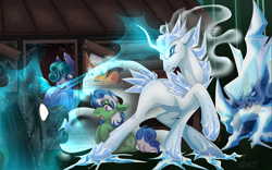 Size: 1960x1225 | Tagged: safe, artist:miriena, derpibooru import, oc, oc only, earth pony, pony, undead, unicorn, zombie, zombie pony, blast, fanfic art, horn, ice, ice elemental, magic, magic blast, protecting, story of the blanks