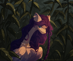 Size: 2107x1749 | Tagged: safe, artist:flightless birdie, derpibooru import, oc, oc only, pegasus, pony, bust, jewelry, leaves, long neck, looking at you, nose piercing, nose ring, outdoors, piercing, slender, solo, thin