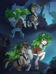 Size: 1100x1462 | Tagged: safe, artist:reikafox, derpibooru import, oc, oc only, earth pony, pony, adventurer, cave, clothes, duo, green mane, scared